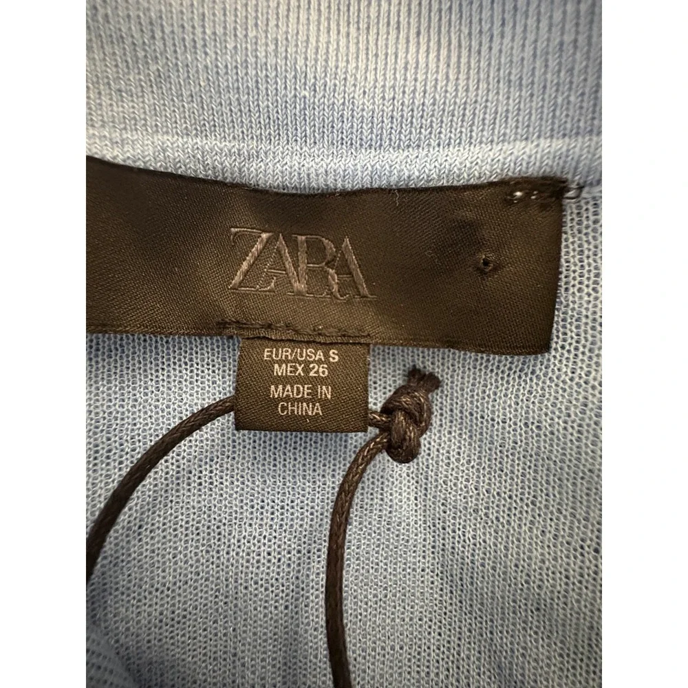 Zara Women Polo Top Sleeveless Knit Top Light Blue V-Neck Elastic Hem Size S NWT